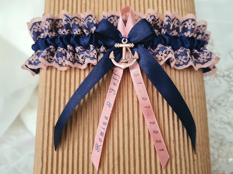 Strumpfband mit Spitze Anker dunkelblau rose Bild 1