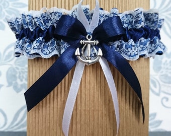 Bridal garter anchor lace maritime nautical, bridal jewelry accessories, something blue, gift for bride