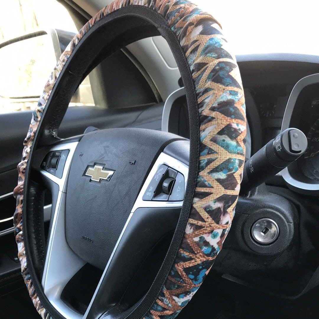 Turquoise & Cowhide Chevron Pattern Steering Wheel Cover