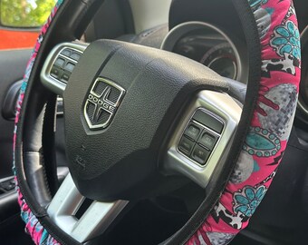Disco Ball, Cow Patterned Lightning & Turquoise on Pink Western Pattern Steering Wheel Cover