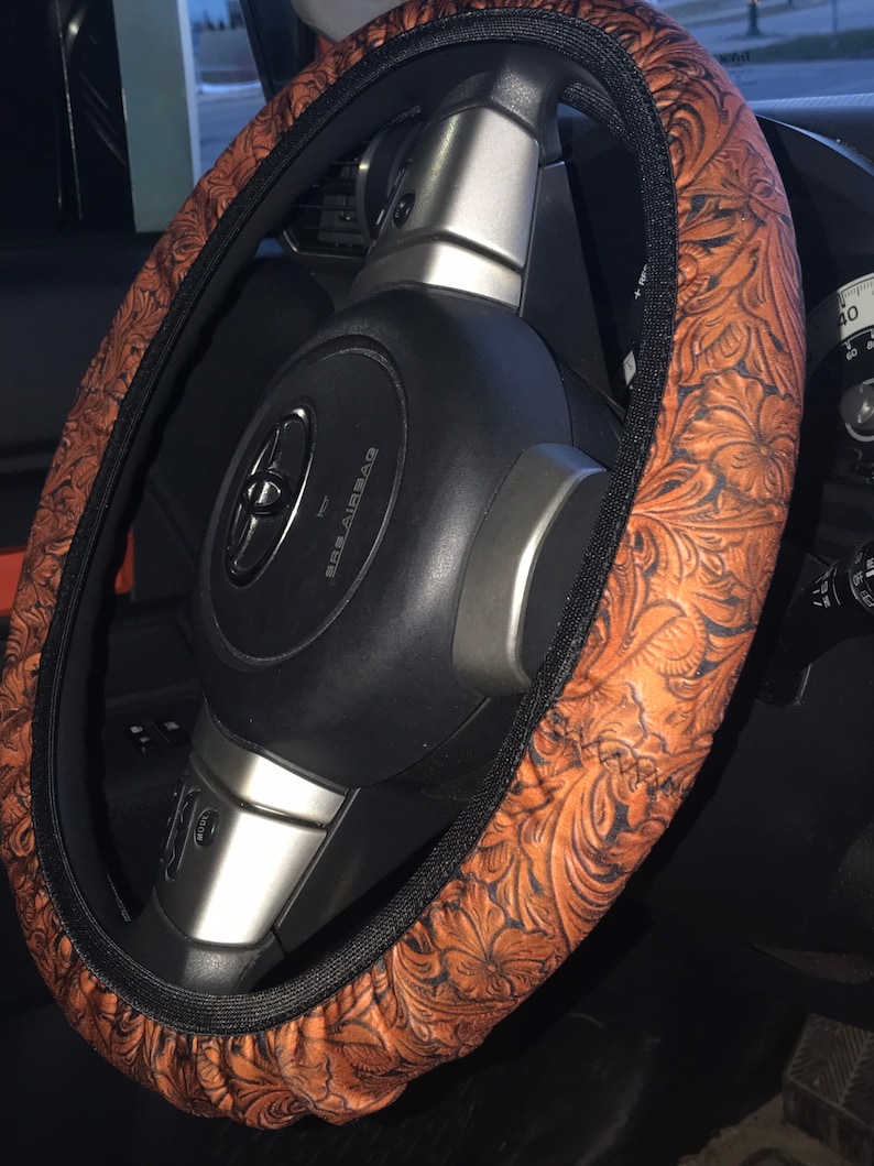 Dark Tooled Leather Design Steering Wheel Cover Etsy
