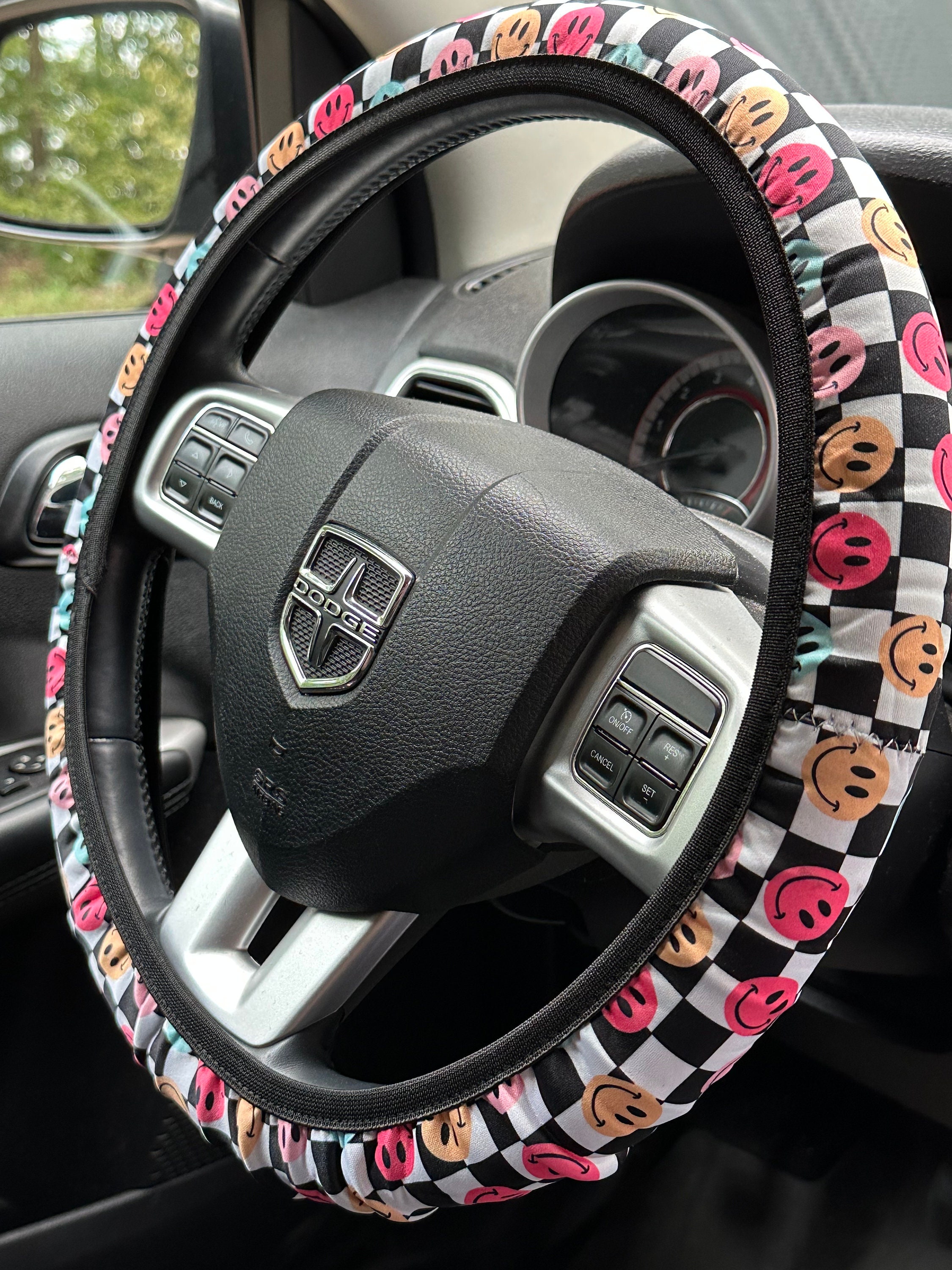 Smiley on Checkered Pattern Steering Wheel Cover