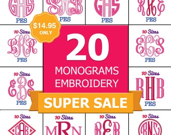 New Year Sale!!! 20 Monogram Embroidery Fonts Machine Embroidery Fonts PES Format Pack Set 10 Sizes Interlocking Monogram Fishtail Monogram