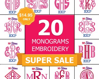 New Year Sale!!! 20 Monogram Embroidery Fonts Machine Embroidery Fonts EXP Format Pack Set 10 Sizes Interlocking Monogram Fishtail Monogram