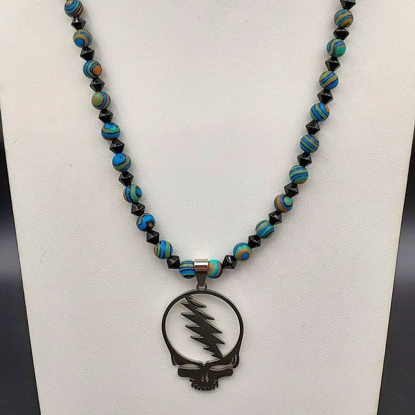 Grateful Dead Necklace with Blue Striped Agate and black Glass beads - 20 inches - lobster claw clasp - all Stainless Steel - L 1 & 3/4 W 1