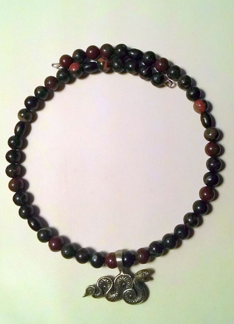 18 inches on Memory Wire Pewter Snake Necklace with Plum Jasper and Wood Beads