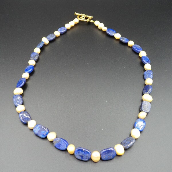 Lapis Lazuli and Champagne Flat Potato Pearl Necklace - 20 inches with a gold over pewter toggle clasp (gemstones of peace and positivity)