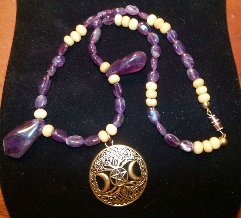 18 inches with Gold Screw Clasp Gold Pagan Triple Moon Tree of Life Necklace with Amethyst and Bone Beads