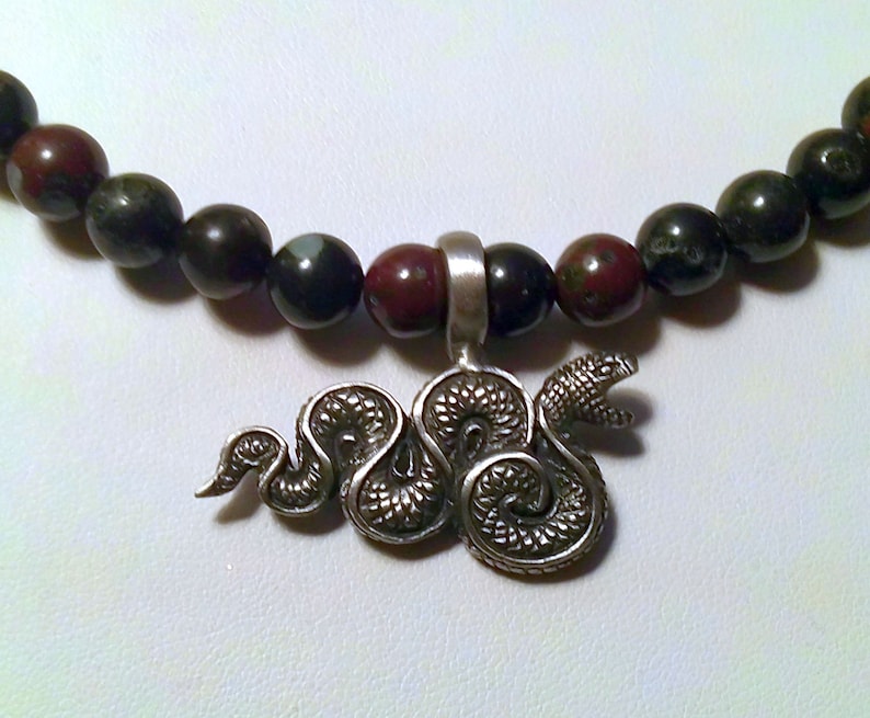 18 inches on Memory Wire Pewter Snake Necklace with Plum Jasper and Wood Beads