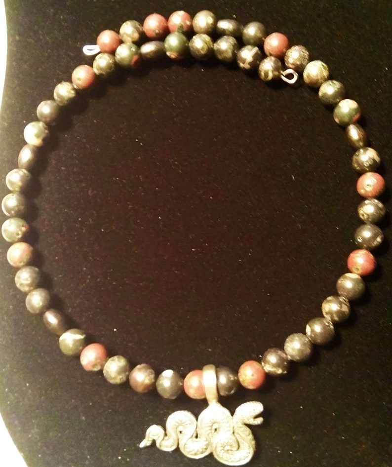 18 inches on Memory Wire Pewter Snake Necklace with Plum Jasper and Wood Beads