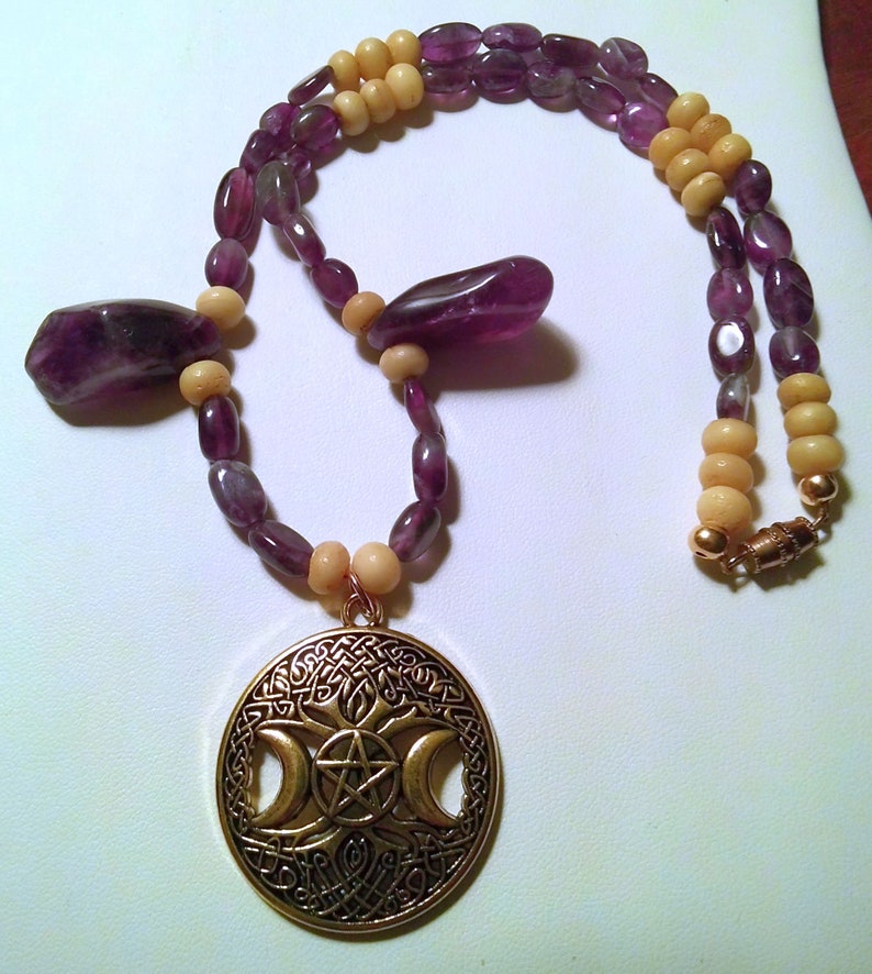 18 inches with Gold Screw Clasp Gold Pagan Triple Moon Tree of Life Necklace with Amethyst and Bone Beads
