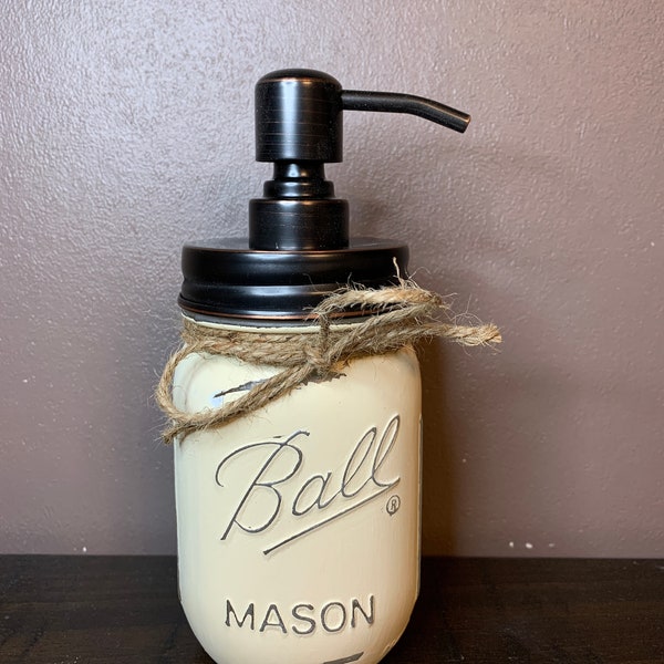 Pint Size Mason Jar Soap Pump. Rustic, Farmhouse Kitchen/Bathroom Decor. Vintage Ivory with Bronze Pump.