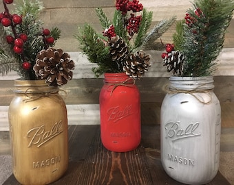 Set of 3 Quart Size Ball Painted and Distressed Mason Jars. Gold, Red, Silver. Rustic, Christmas, Winter, Mason Jar Vase Decorations.