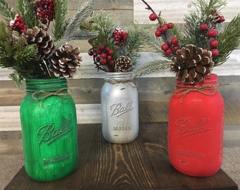 Set of 3 Quart Size Ball Painted and Distressed Mason Jars. Farmhouse Red, Silver, Vegas Green. Rustic Christmas Mason Jar Vase Decorations.