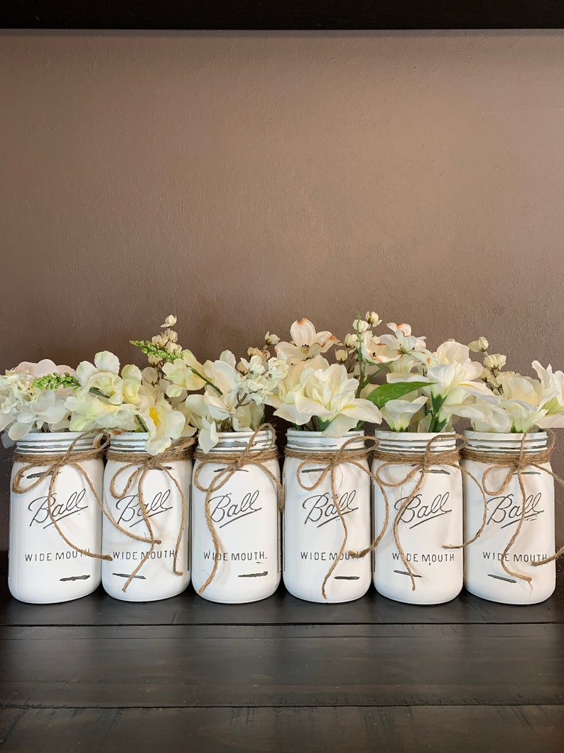 White Painted Mason Jars White Mason Jar Set Wedding Etsy