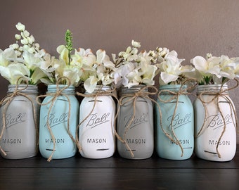 Set of 6 Quart Size Ball Painted and Distressed Mason Jars. Country Gray, Serenity Blue, Linen White. Baby Shower, Wedding Decor.