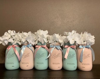 Set of 6 Painted and Distressed Mason Jars. Blush Pink and Serenity Blue. Rustic Vintage Mason Jar Vase Decor