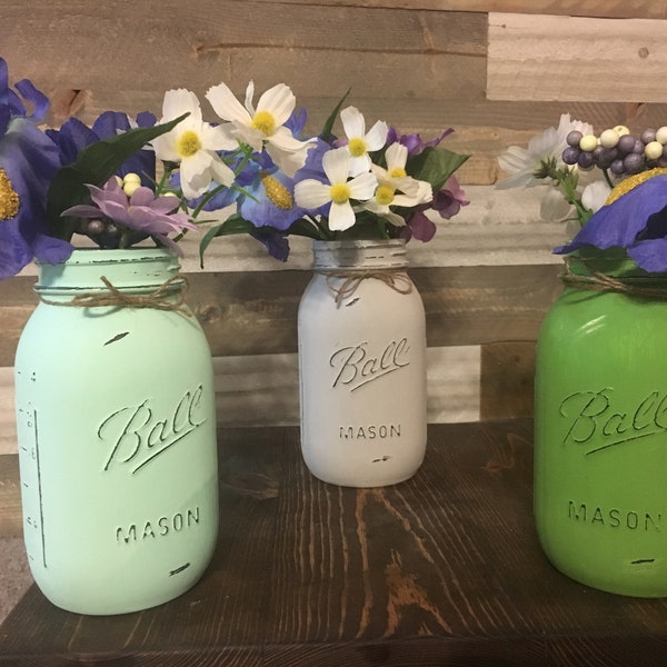 Set of 3 quart Size Ball Painted and Distressed Mason Jars. Fresh Mint, Aged Grey, Green Sprout. Rustic Vintage Mason Jar Vase Decorations.