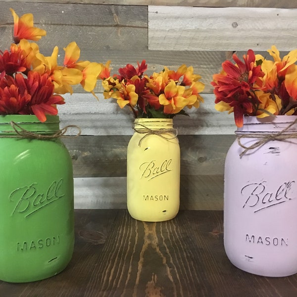 Set of 3 Quart Size ball painted and distressed mason jars.Green Sprout, Buttercup, Soft Iris . Rustic Fall-Themed Mason Jar Vase Decoration