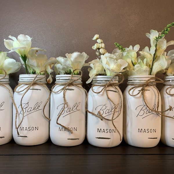 White Mason Jar Centerpiece, Table Centerpiece for Weddings, Baby Shower Decor, Rustic Home Decor, Farmhouse Decor for Kitchen, Gift for Her
