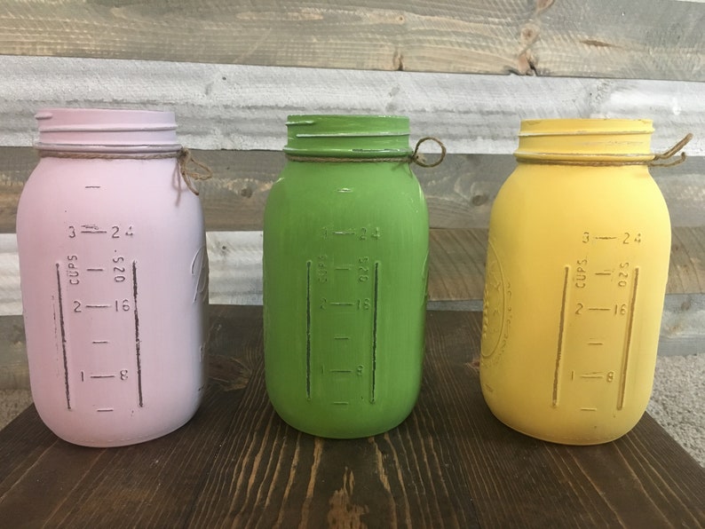 Green Sprout Soft Iris Rustic Vintage Mason Jar Vase Decorations. Set of 3 Quart Size Ball Painted and Distressed Mason Jars Buttercup