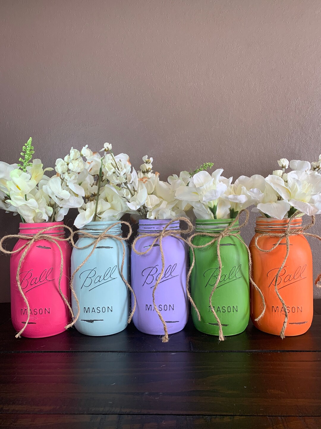 5 Painted Mason Jars, Birthday Party Centerpiece, Wedding Decor