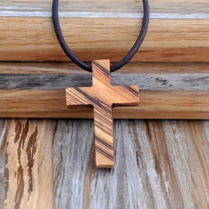 Holy Land Olive Wood Cross Necklace with Leather Cord and Metal Clasp