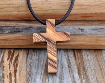 Holy Land Olive Wood Cross Necklace with Leather Cord and Metal Clasp