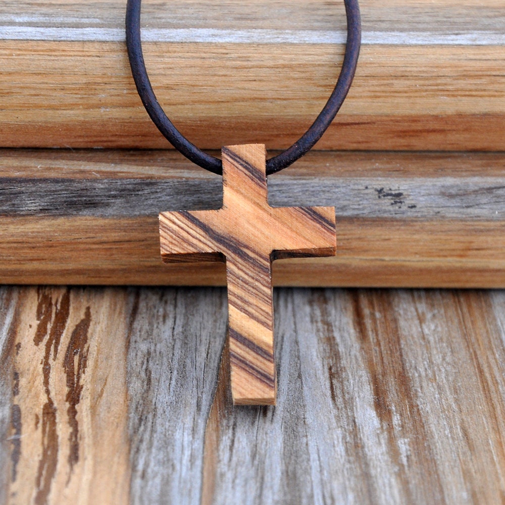 Jerusalem Olive Wood Cross Necklace with Leather Cord