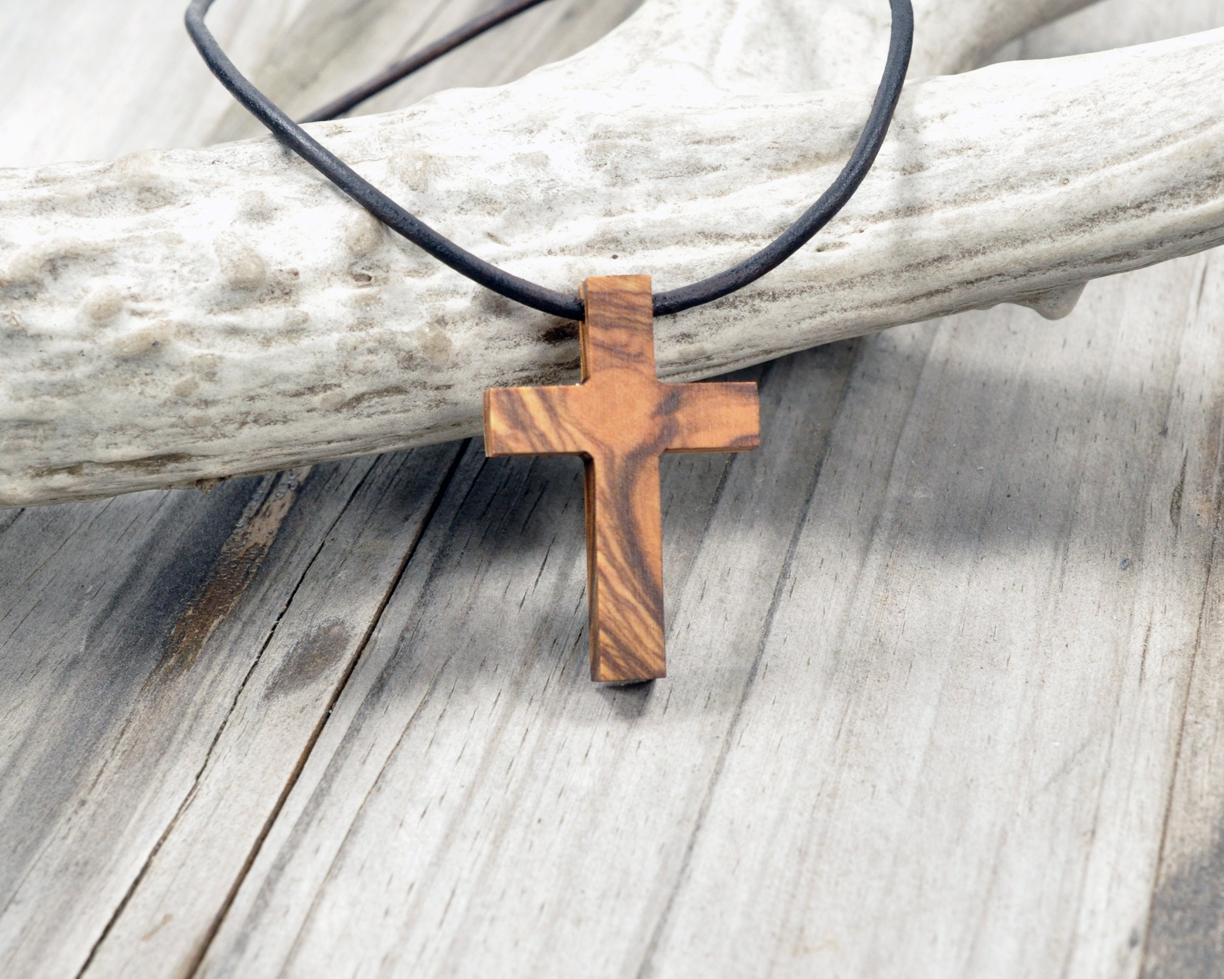 Holy Land Olive Wood Cross Necklace With Leather Cord and Metal Clasp - Etsy