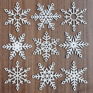 Set of 9 Wood Snowflakes with Hanging Twine | Natural Christmas Decor | Wooden Snowflake Set