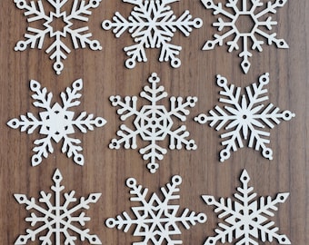 Set of 9 Wood Snowflakes with Hanging Twine | Natural Christmas Decor | Wooden Snowflake Set