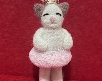Needle felted ballerina kitty cat with a crown and a tutu