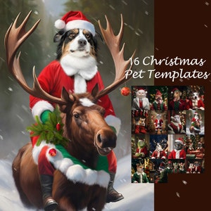 PAQUETE -16- Plantillas de retratos de mascotas navideñas, retratos de animales navideños, perro de Papá Noel, gato de Grinch, fondo digital JPG
