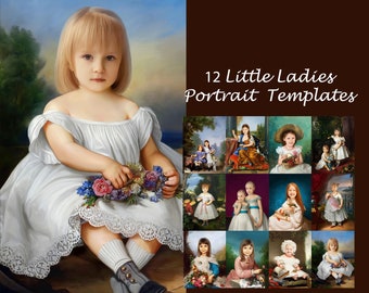 Royal portrait templates, girl portrait, little lady costume, teen vintage backdrop Photoshop background JPG