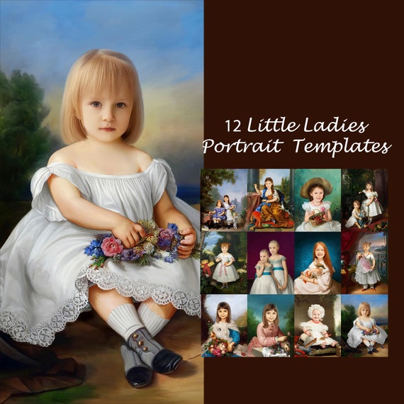 Royal portrait templates, girl portrait, little lady costume, teen vintage backdrop Photoshop background JPG