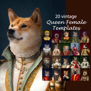 BUNDLE -20- Queen pet portrait templates, vintage female animal portrait backdrop costume oil painting digital background JPG