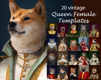 Pode incluir: 20 modelos vintage de rainha. Uma colagem de 20 imagens com vários animais, principalmente gatos e cães, vestidos com roupas vintage elaboradas e poses que lembram a realeza.