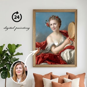 May include: A digital painting in a gold frame depicting a person with blonde hair adorned with flowers, wearing a white garment draped in red fabric, holding a tambourine. A circular inset shows the original portrait of the same person.