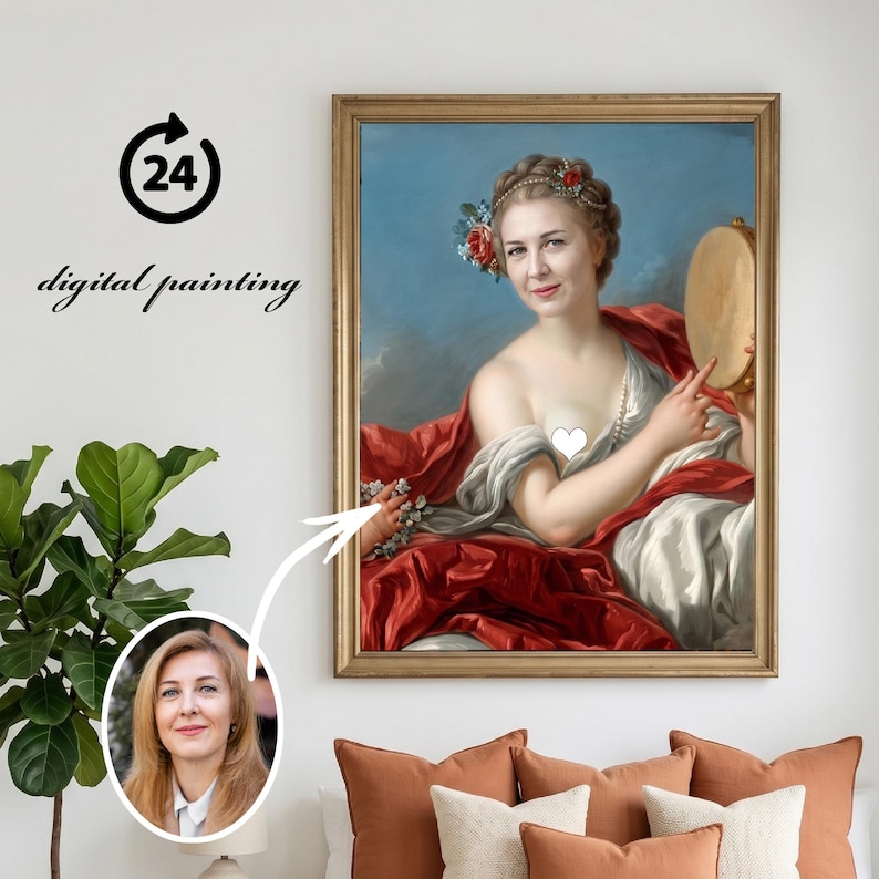 May include: A digital painting in a gold frame depicting a person with blonde hair adorned with flowers, wearing a white garment draped in red fabric, holding a tambourine. A circular inset shows the original portrait of the same person.