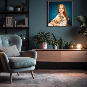 May include: A framed portrait of a young girl with long red hair holding a white dove. The portrait is hanging on a dark blue wall above a wooden shelf with plants and a lamp.