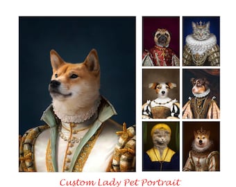 May include: A digital illustration of a Shiba Inu dog wearing a white and gold royal costume with a pearl necklace. The dog is looking to the left of the image. The image is a collage of different pets wearing royal costumes.