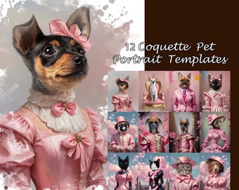 May include: 12 Coquette Pet Portrait Templates. A collection of digital templates featuring various pets dressed in pink and white clothing, with different accessories and backgrounds.