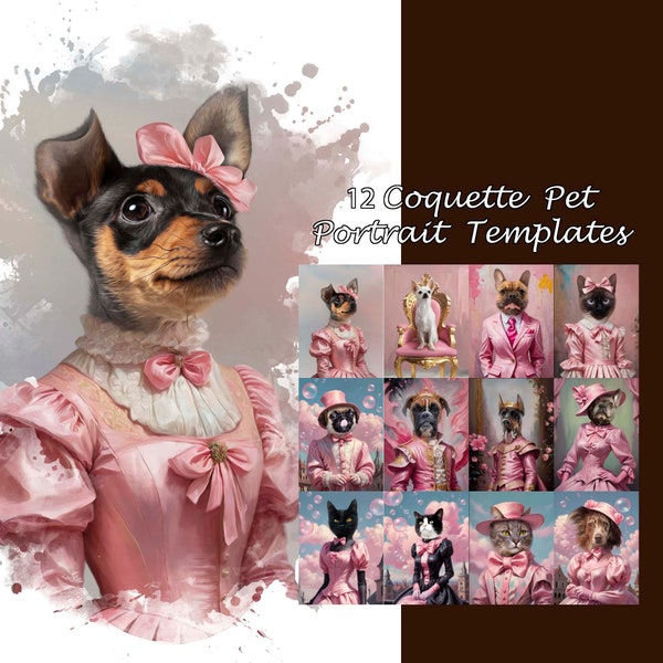 BUNDLE -12- Coquette Pink pet portrait templates, modern female animal portrait backdrop costume, digital background JPG