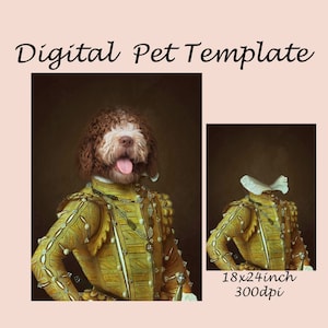 Royal pet portrait template, renaissance animal costume, vintage animal backdrop, Photoshop template JPG
