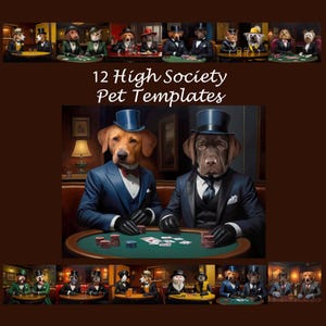 PAQUETE -12- Plantillas de retratos de moda para mascotas, perros jugando al póquer, fondo digital con plantilla de retrato de mascota moderna, fondo de disfraz JPG