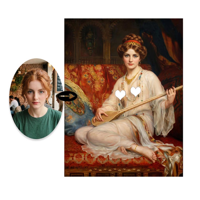 May include: A composite image featuring a portrait of a person with reddish-brown hair wearing a green t-shirt, alongside a classical painting of a person in a sheer white gown playing a long-necked stringed instrument on a red patterned sofa.