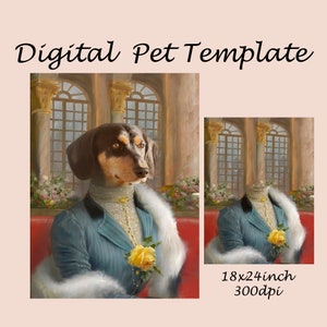 Elegant Lady Pet Portrait Template - Vintage Renaissance Animal Costume Background - Photoshop JPG