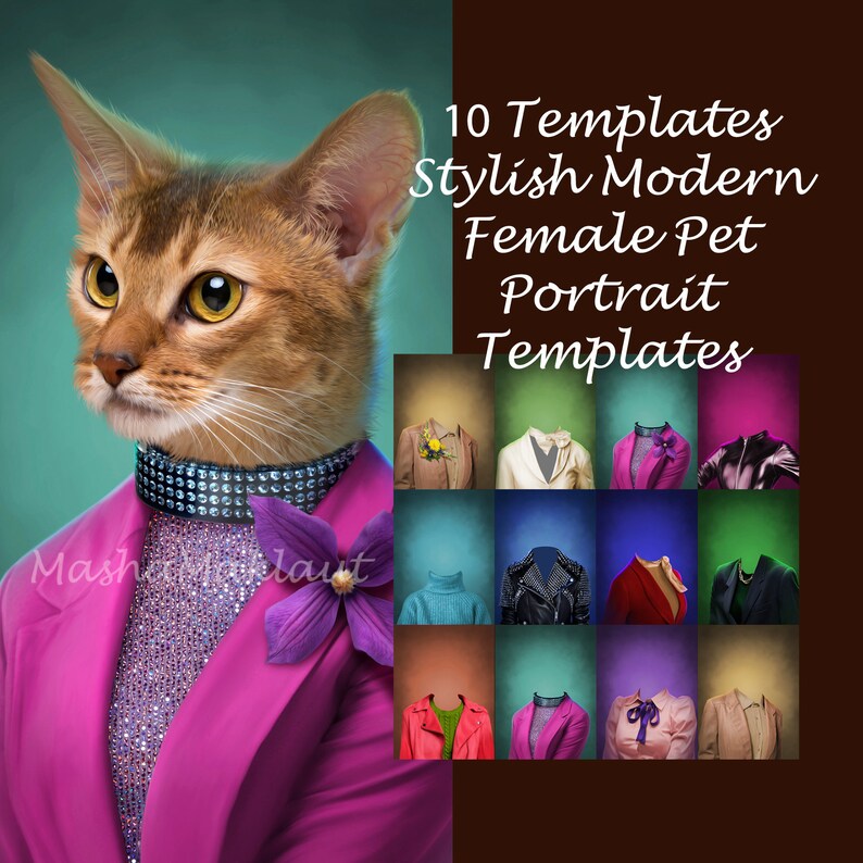 May include: A digital illustration of a cat wearing a pink blazer with a sparkly collar and a purple flower. The image is a template for a female pet portrait. The text "10 Templates Stylish Modern Female Pet Portrait Templates" is at the top of the image.