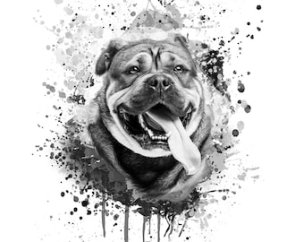 May include: Black and white watercolor painting of a dog with its tongue sticking out. The dog is surrounded by splatters of paint.